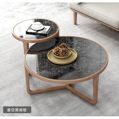 北欧大小圆茶几组合简约小户型实木边几极简亮光岩板圆形茶几桌子